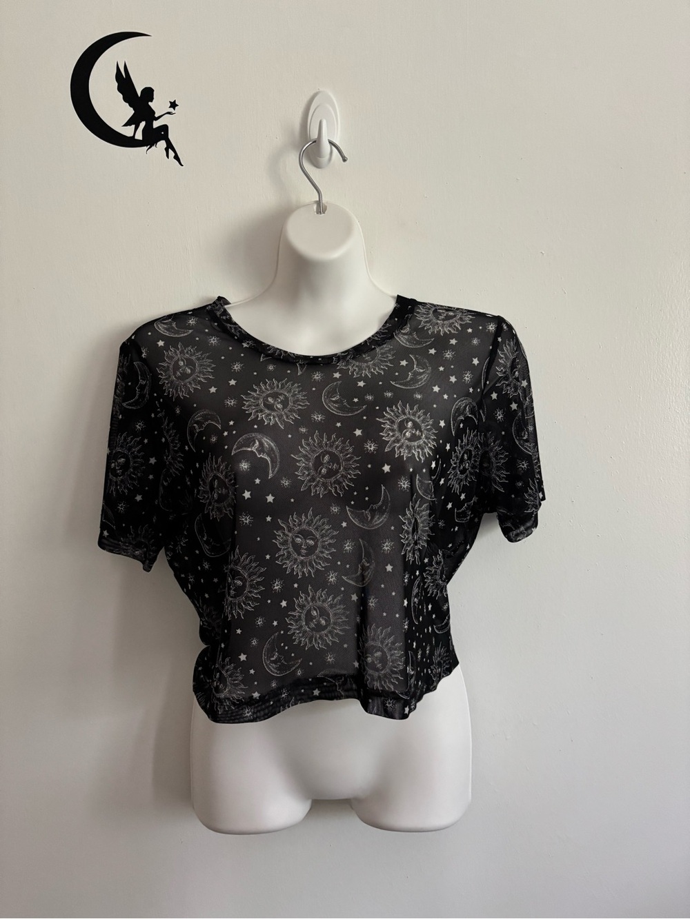 Full Tilt Black Sheer Celestial Print Crop Top